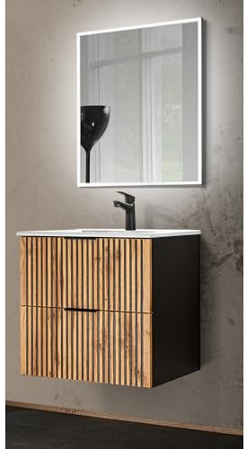 Lomadox Badezimmer Waschplatz Set Rillenfront mit Waschtisch Unterschrank 60 cm Keramik Waschbecken Spiegel Beleuchtung anthrazit Eiche Nb. B/H/T 61/200/46 cm