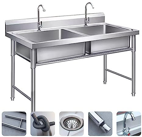 Fregadero cocina 2 senos,2 Compartimientos Acero inoxidable Industriales Fregadero,Fregadero de acero inoxidable for exteriores for lavado,Fregadero exterior Camper(39.4 * 19.7 * 31.5in)