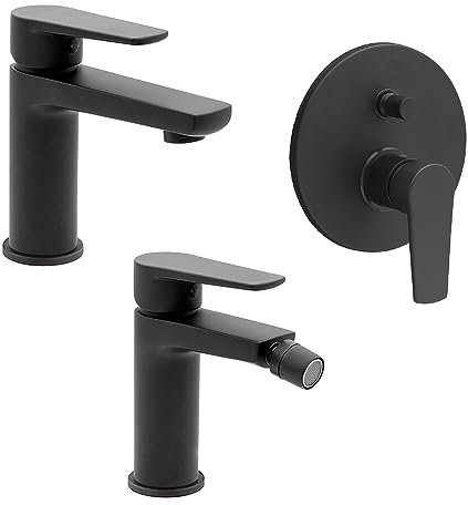 Set miscelatori lavabo bidet e doccia incasso con deviatore nero opaco in ottone, piletta di scarico e corpo incasso inclusi, serie ERIKA