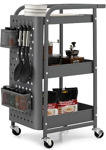 KOMFOTTEU Aufbewahrungswagen 3 Ebenen, Rollwagen Bastelwagen mit 2 Stiftplatten & Körben & 4 Haken, Servicewagen aus Metall Mehrzweckwagen für Küche, Badezimmer Büro, 52x33x75cm (Grau)