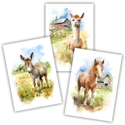 Samunshi® 3x Kunstdruck Bauernhof Tiere Set Pferd Alpaka Poster Kunstdruck Bilder Deko Jugendzimmer Kinderzimmer Geburtstag DIN A4 21x29,7cm