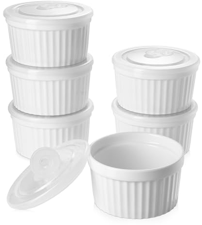 Samsle Porzellan-Auflaufförmchen 237 ml, ofenfest, mit Deckel, Set mit 6 kleinen Souffle-Schalen für Creme Brulee, Eis, Dip- und Saucen, weiße Mini-Backschalen aus Keramik