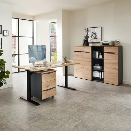 Lomadox Büromöbel Set 5-teilig mit höhenverstellbarem Winkelschreibtisch, 3 Büroschränke 122cm hoch, 1 Rollcontainer in Graphit und Eiche