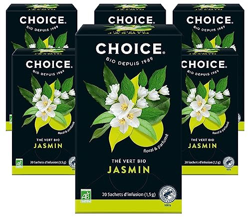CHOICE - Jasmine, Thé Vert au Jasmin 100% Bio, Floral & Parfumé, récolté à la main, 120 (6x20) Sachets de Thé thermosoudés et sans Agrafe