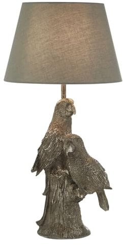 Licht-Erlebnisse Tischleuchte E27 Grau Silber H: 51 cm Ø 26 cm Resin Stoff Papageien dekorative Tischlampe Wohnzimmer Nachttischlampe Schlafzimmer