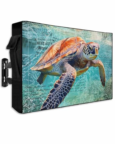 Ocean Sea Turtle Nautical Map Outdoor TV Cover 65 Inch Weatherproof, TV Cover for Outside, 600D Thick Waterproof Outdoor TV Screen Protector Outside TV Cover with Zipper for 60 to 65 inch Screens