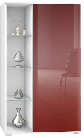 Vladon Vitrine Davos, Made in Germany, Standvitrine mit 3 Glasböden und 8 Fächer, Weiß matt/Bordeaux Hochglanz (71,5 x 134 x 35 cm)