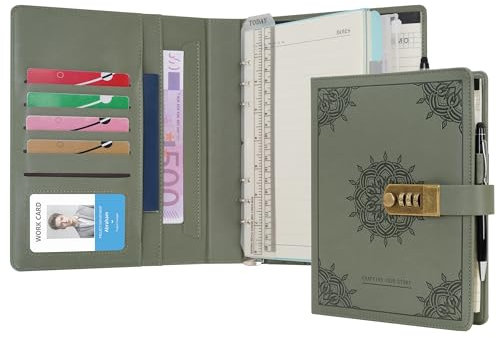 WASON Diary with Lock A5 Binder Ruled Spiral Notebook Journal Planner Portfolio and Refillable Writing Lined Paper Notepad, Pen, Clipboard Organizer For Ideal Business, School & Travel (Green)