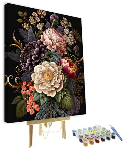 TISHIRON （Gerahmt） Blumen Malen nach Zahlen mit Pinseln und Acrylpigmenten DIY Malen Nach Zahlen Erwachsene für Muttertag Geschenk Wohnzimmer Schlafzimmer Dekorieren 40x50cm