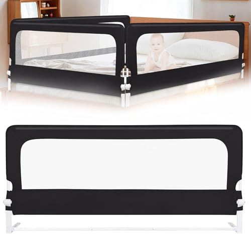 HUOLE Bettgitter klappbar, Bettschutzgitter mit Verstellbarer Gurte, EIN-klick-Faltung, Rausfallschutz Bett 180° faltbar für Boxspringbett, Elternbett, Kinderbett-200 * 70 * 26 cm – schwarz