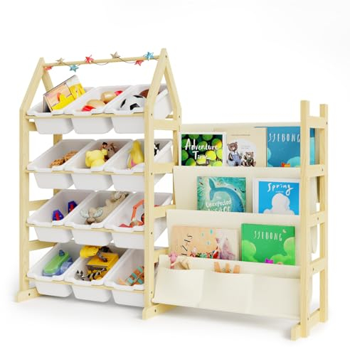 DUHARS Wooden Toy Storage Organiser Kids Bookshelf, with 12 Toy Organiser Bins, Child Book Shelf for Kids Rooms, Nursery, Baby Room, Playroom, Toddler Toys Storage Organisers Rack Bookcase Shelves