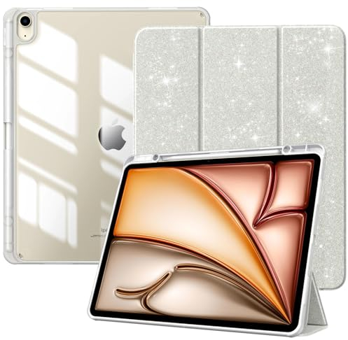 TiMOVO Hülle für New iPad Air 13 Zoll (M3/M2-2025/2024), Schutzhülle mit Stifthalter, Schlank Ständer Schutzhülle mit Klarer Transparent Rückseite für iPad air 13, Auto Schlaf/Aufwach, Glitzer Weiß