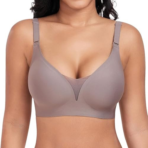 Jiuday BH Damen ohne Bügel Große Brüste Starker Halt Push Up BH ohne Buegel Seamless Bequem Klassische Soft Nahtloser Bügelloser T Shirt Bra Gepolstert Mesh Bralette (Kaffee,2XL)