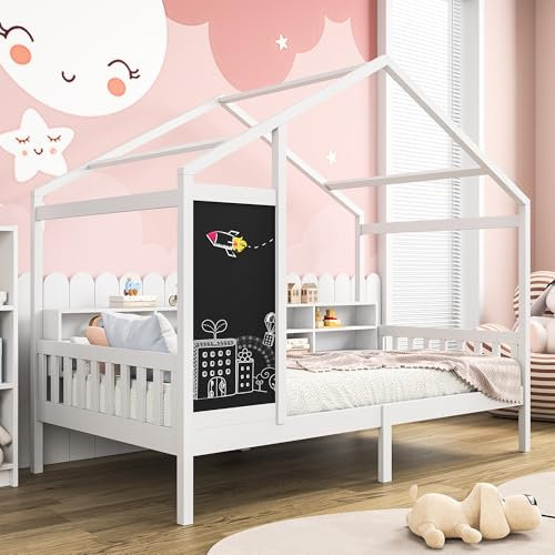LEMCC Kinderbett, Hausbett 90x200, Holzbetthaus mit Tafel und Bücherregal, Hausbett mit Lattenrost, Einzelbettgestell für Mädchen Jungen (ohne Matratze)