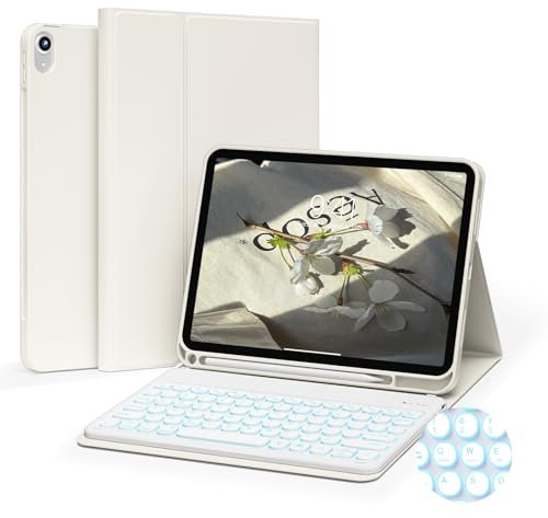 JKSML Tastatur Hülle für iPad (A16) 11 Zoll 2025 & iPad 10 Generation 10,9 Zoll 2022-7 Farbige Beleuchtete Bluetooth Tastatur, QWERTZ Layout, Soft TPU Rückseite Hülle für Büro/Uni (Weiße Creme)