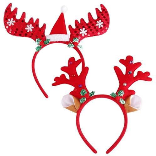 HFMYGS 2 Stück Weihnachten Rentier Geweih Haarreif, Rot Stirnbander, Lustige Weihnachts Haarschmuck Für Erwachsene & Kinder