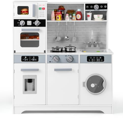 COSTWAY Cocina Madera Infantil, Cocinita Infantil con Luz y Sonido, Fregadero, Grifo, Dispensador de Agua, Microondas, Horno, Utensilios, Lavadora, Cocina Juguete para Niños de 3+Años