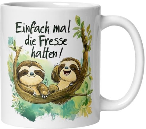 Faultier Tasse | Einfach mal die Fresse halten | Lustige Kaffeetasse mit Spruch & Tiermotiv | Witziges Geschenk für Büro Arbeit Geburtstag | Becher für Frauen Männer Kollegen Freund Freundin