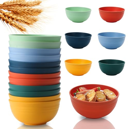 Lazycorner 12 Pcs Wheat Straw Cereal Bowls 26 Oz Wheat Straw Bowls Set Reusable Plastic Bowls for Soup Microwave & Dishwasher Safe Soup and Salad Bowls