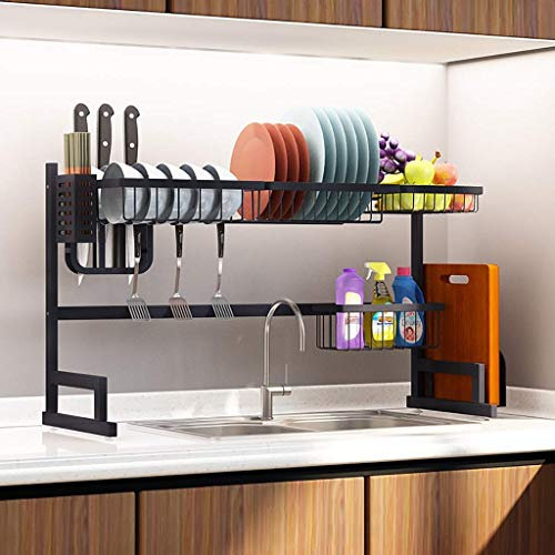 Escurridor de Platos con Cesta Colgante, Organizador de encimera con Soporte para Utensilios, Ahorra Espacio para vajilla.