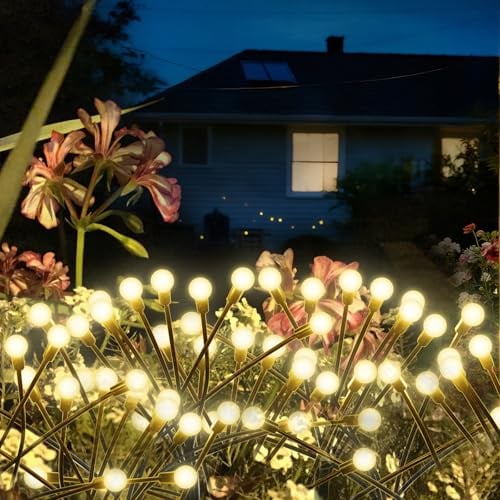 LQWELL Firefly Solarlampen für Außen Garten, 2 Stück 6 LED Glühwürmchen Solar Gartenleuchten, Wassserdicht Swinging Garten Lichter Warmweiß für Wegeleuchte Gras Terrasse Balkon Gehweg Deko