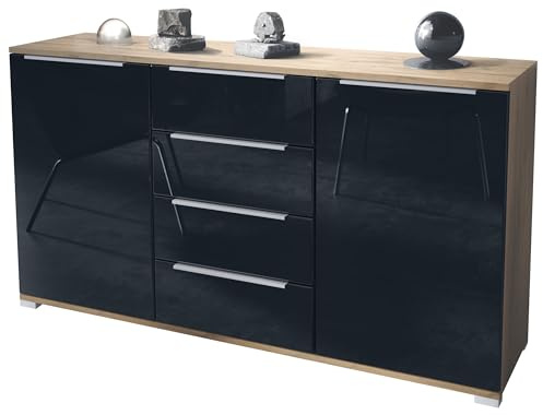 Vladon Sideboard Linio V1, Anrichte mit 2 Türen und 4 Schubladen, Eiche Evoke/Schwarz Hochglanz (138,5 x 75,5 x 35 cm)