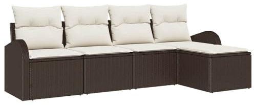 vidaXL Garten-Sofa-Set mit Kissen 5 pcs Braun und Weiß Poly Rattan, Moderne Gartenmöbel, rechteckige Sofas, modulare Sitze mit verstellbaren Füßen, UV-beständig und robust!