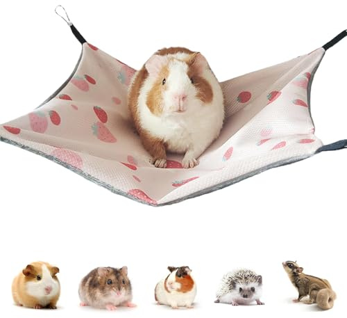 Meerschweinchen Hängematte Stern Zubehoer Eisseide 34 x 34CM Ratten Zubehör | Verstellbar Ratten für Käfig Doppelseitiges Hamster Sommerhängematte für Hamster Chinchilla Rosa Erdbeere