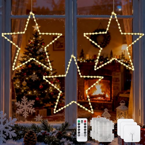 FemKey Stern Weihnachtsdeko Fenster Beleuchtet, 3 Stück LED Stern Fenster, 8 Modi Leuchtstern Fensterdeko Weihnachten,135 LEDs Lichterkette Sterne Batterie Timer, Weihnachtsdeko für Innen Außen