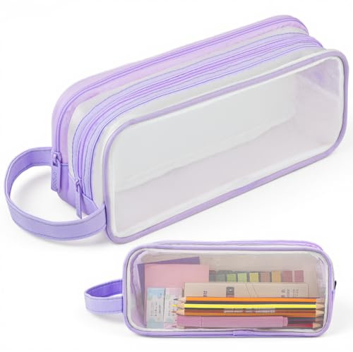 APXEL Clear Mesh Pencil Case Purple, 2 Compartment Pen Bag | Practical Multifunction Pencil Pouch, Transparent Makeup Bag for Teen Student College Business Travel Office Adult