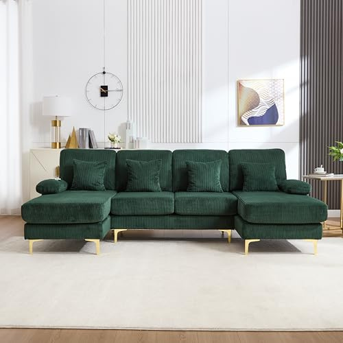 Dolamaní 4-Sitzer SamtSofa Massivholzrahmen, U-Sofa mit Doppelten Liegesitzen, 4 Kissen, Wohnlandschaft Eckcouch, für Wohnzimmer Büro Wohnung (Dunkelgrün)