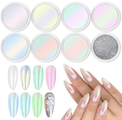 Weiße Pearl Chrome Nail Powder BISHENGYF: Metallic Spiegel Effekt Silber Chromfarbener Nagelpuder Transparent Aurora Ice Shimmer Neon Chrome Pigment Pulver für Nägel Glazed Donut Glitzerpuder DIY 8PCS
