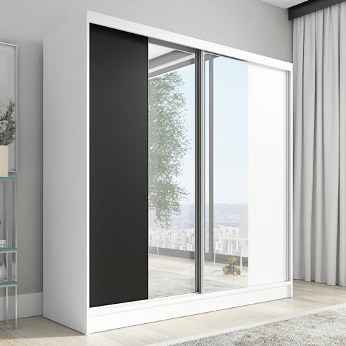 A&J MöbelLand Schwebetürenschrank Solo Kleiderschrank 2-türig mit Spiegel Garderobenschrank 200 cm (Weiß)