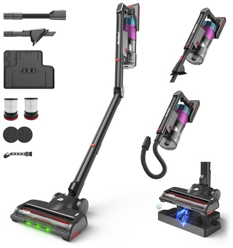 ElecKeys Akku Staubsauger 55000Pa/600W/75Min, Staubsauger Kabellos mit Faltbares, Anti-Tangle Bürste, Selbststehend, 7-Schicht-Filtration, Akkustaubsauger für Hartböden Teppiche Tierhaare, Violett