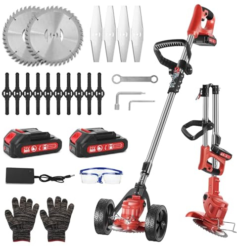 Decespugliatore 21V Senza Fili 2 Batterie 3 Lame con Ruote Tagliaerba | Asta telescopica 70–155 cm – Testa regolabile 0–90°, pieghevole per conservazione e trasporto facili, adatto a ogni altezza.