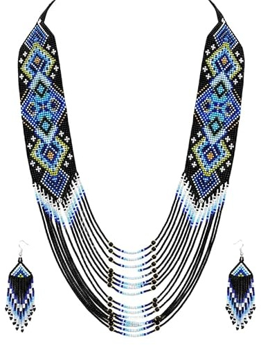 LKBEADS Blaue aztekische Gerdan-Halskette mit passenden Ohrringen, traditionelles Schmuckset aus Saatperlen, mehrfarbig, handgefertigt, ukrainischer Perlenschmuck | LK_UKRN_0021