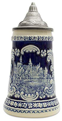 0,6 Liter | OktoberfestHaus Deutsches Schloss (Schloss) Trinkkrug mit Deckel kobaltblau handbemalt graviert Becher Bierkrüge Keramik Steinchen Bierliebhaber Geschenke Themed Deutscher Bierkrug