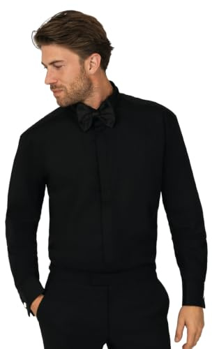 Dobell Mens Black Dress Shirt Regular Fit Wing Collar Plain Fly Front Double Cuff