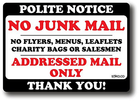 Polite Notice No Junk Mail Flyers Leaflets Menus, 10x7cm, Door Sticker Sign label decal (White Vinyl, 1)