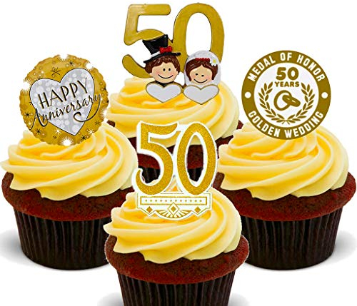 Golden Wedding 50th Anniversary Edible Cupcake Toppers - Stand-up Wafer Cake Decorations (Pack of 12)