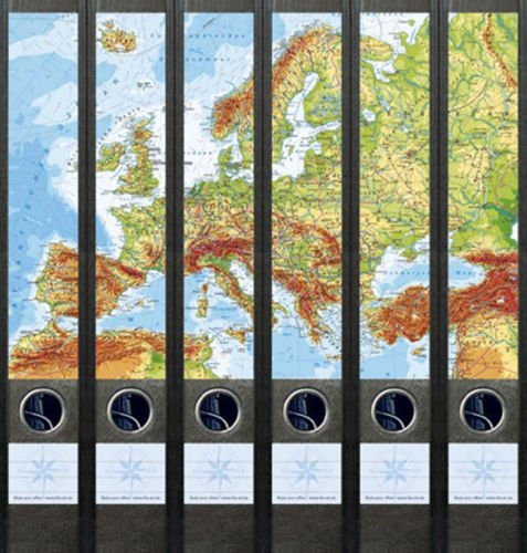 6er Set Ordnerrücken für schmale Ordner Europa Karte Landkarte Ordner Aufkleber Etiketten Deko 083