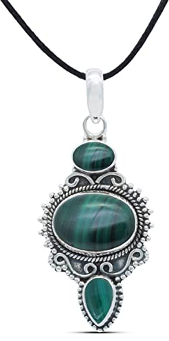 mantraroma Kettenanhänger 925 Silber Malachit grüner gestreifter Stein Edelstein Kettenanhänger Damen Sterling Silber Halskette Anhänger Geschenk (MAH-076-10)