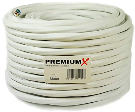Premium X 50m Basic Quattro Quad Koaxial SAT Kabel 90dB 2-Fach geschirmt Antennenkabel 4in1 Koaxialkabel Weiß inkl. 24x F-Stecker