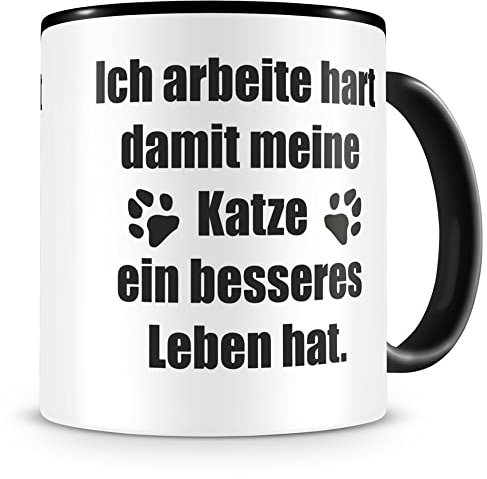 Samunshi® Ich arbeite hart damit meine Katze Tasse Kaffeetasse Teetasse Kaffeepott Kaffeebecher Becher 300ml schwarz