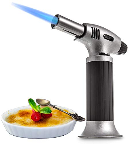 FiNeWaY Refillable Blow Torch Lighter Kitchen Butane Culinary Torch Chef Cooking Torch with Adjustable Flame Lighter and with Safety Lock – Ideal for DIY, Creme, Brulee, BBQ and Baking – Silver/Black