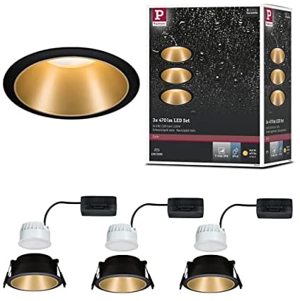 Paulmann Einbaustrahler Cole Coin, 3-Stufen Dimmbar, Ø 88mm, 3 x 6,5W, 460 lm, IP44 Spritzwasserschutz, 2700 Kelvin, Schwarz/Gold matt, Einbauleuchte