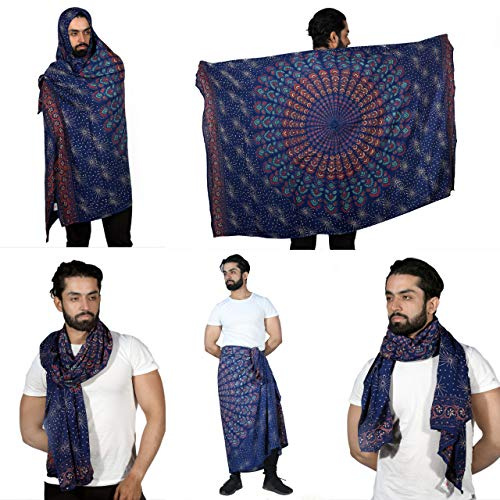 SARJANA HANDICRAFTS Men Women Rayon Mandala Sarong Scarf Shawl Cover Up Swimwear Wrap Dress Bikini Unisex Gypsy Beach Towel (Blue)