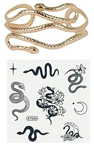 XHBTS Oberarmarmband Manschette Viktorianischer Filigraner Wirbel Gypsy Boho Vergoldeter Armreif Öffnen Sie die Armbinde Schlangenarmband Schmuckset und Schlange temporäre Tattoos