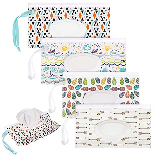4 Pack Wet Wipe Pouch, Extra Large 10 x 6 Reusable Baby Wipe Case Refillable Wipes Dispenser Travel Container Wipes Bag for Baby and Adult (Colorful)