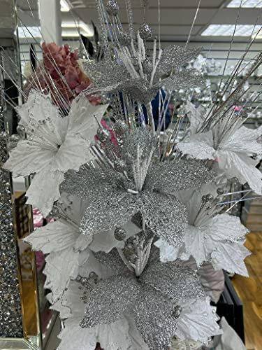CRYSTAL CROWN Artificial Bloomer Flower Ornament, Glitter Flowers for Vase Home Decoration, 35 cm Silk Flower Bunch, White & Silver (Silver & White)